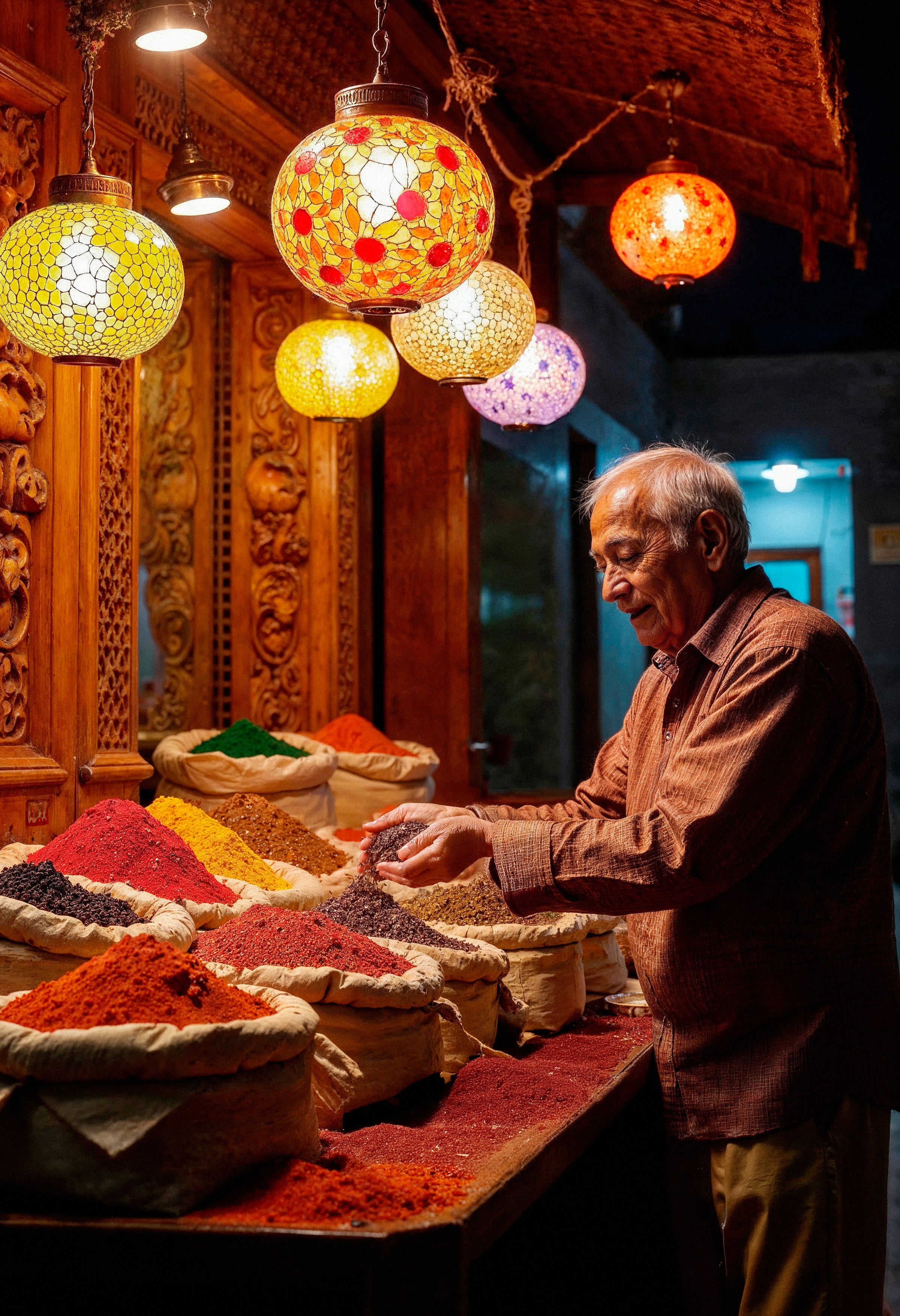 Mann an Gewürzstand mit bunten Gewürzen unter orientalischen Lampen